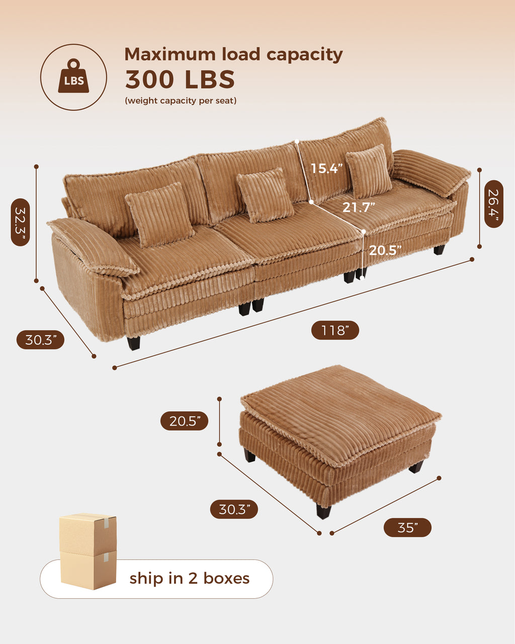113" Modular L-Shaped Cloud Sectional Sofa - Camel