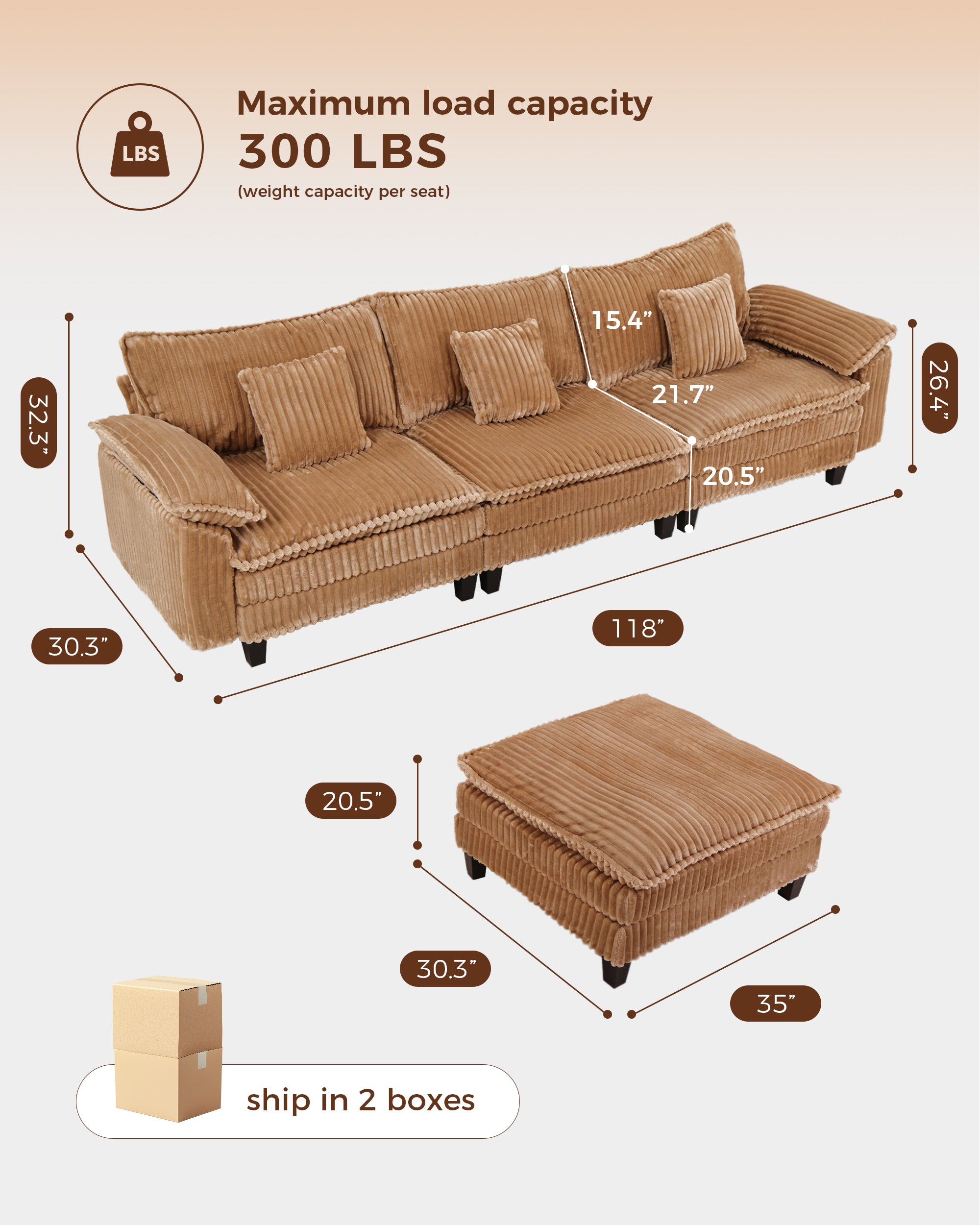 113" Modular L-Shaped Cloud Sectional Sofa - Camel