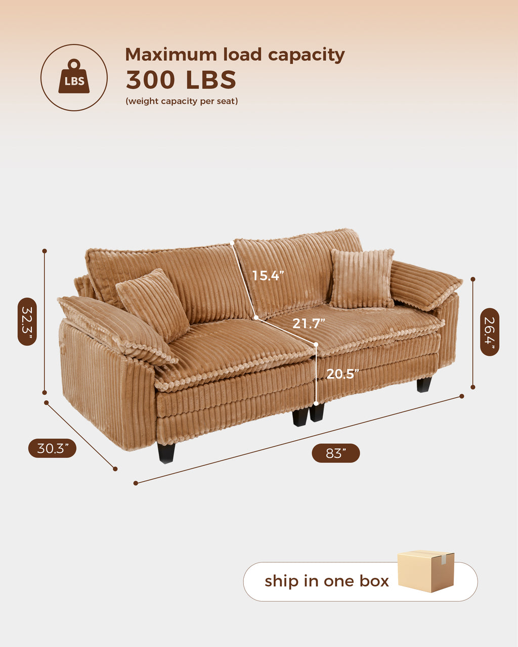 Aspen 83" Deep Seat Cloud Loveseat Sofa - Camel Corduroy