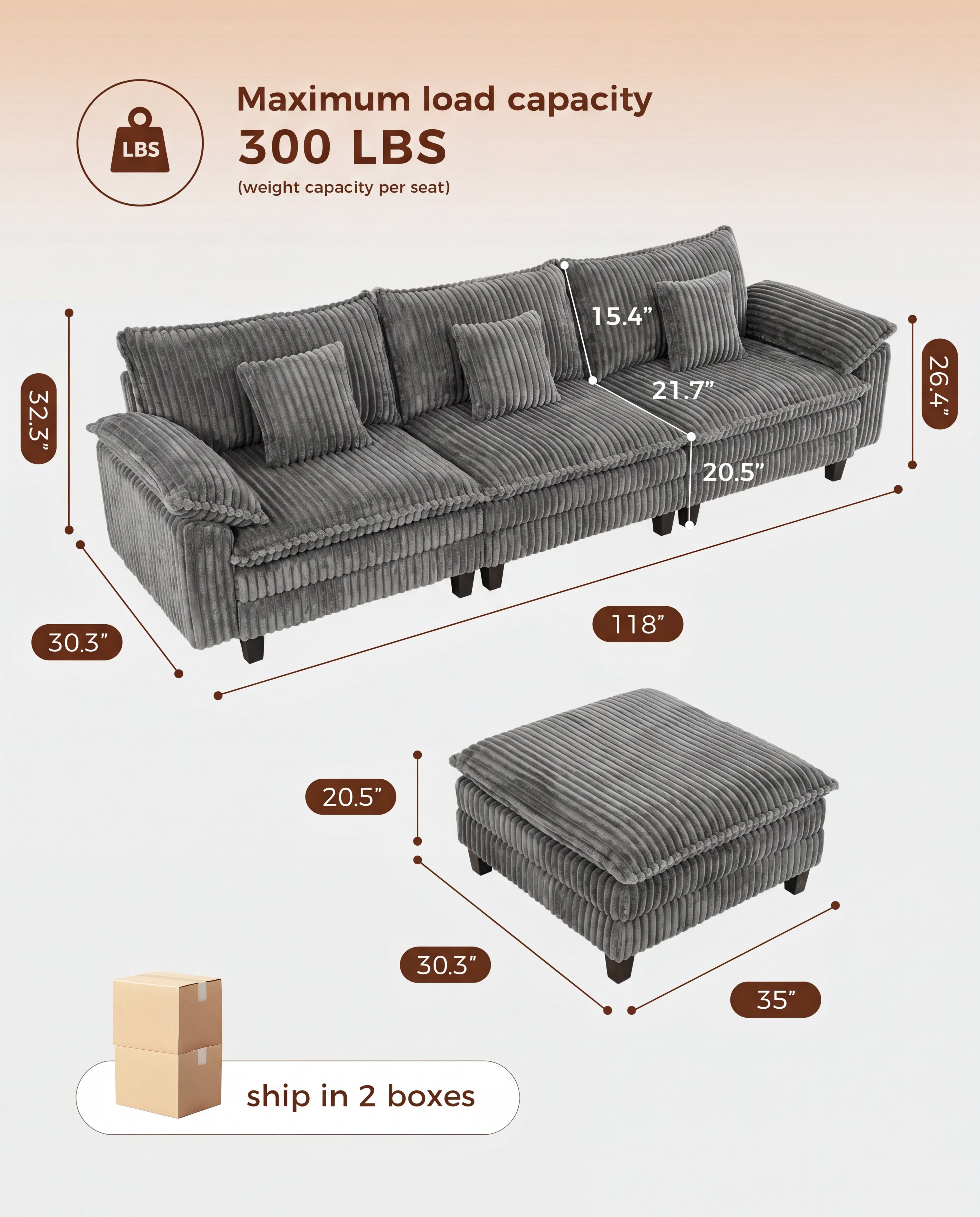 113" Modular Sectional Sofa,L-Shaped Cloud Couch for Living Room，Gray