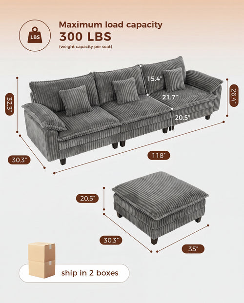 113" Modular Sectional Sofa,L-Shaped Cloud Couch for Living Room，Gray