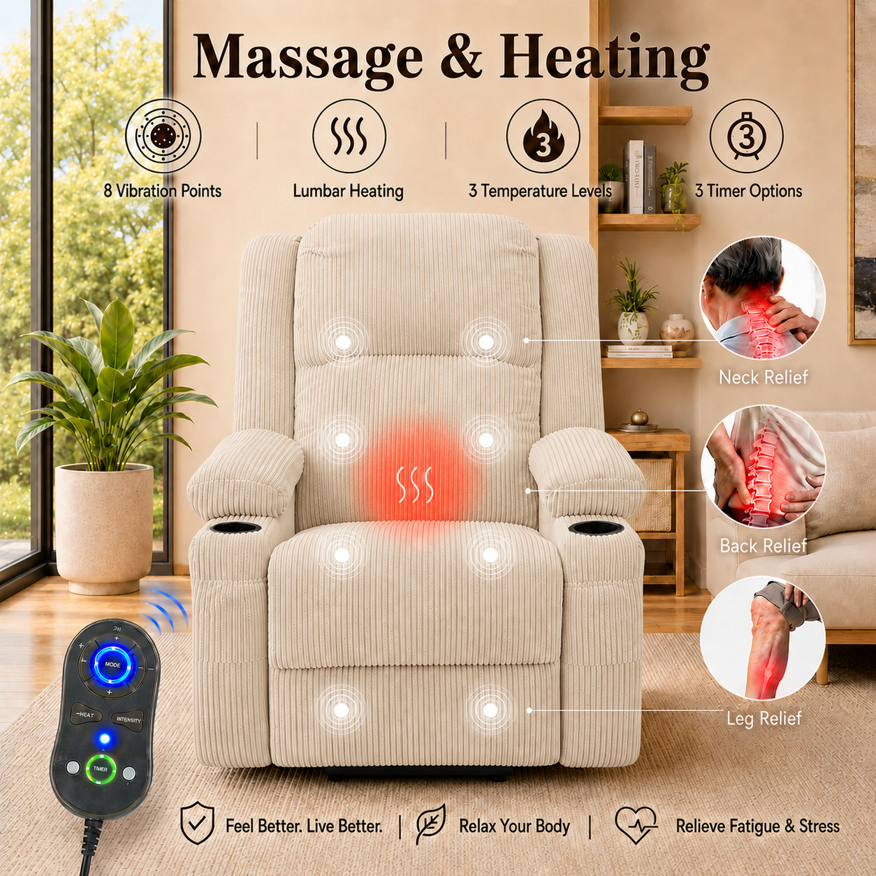 Power Lift Recliner Chair with Heat and Massage - Cream Beige