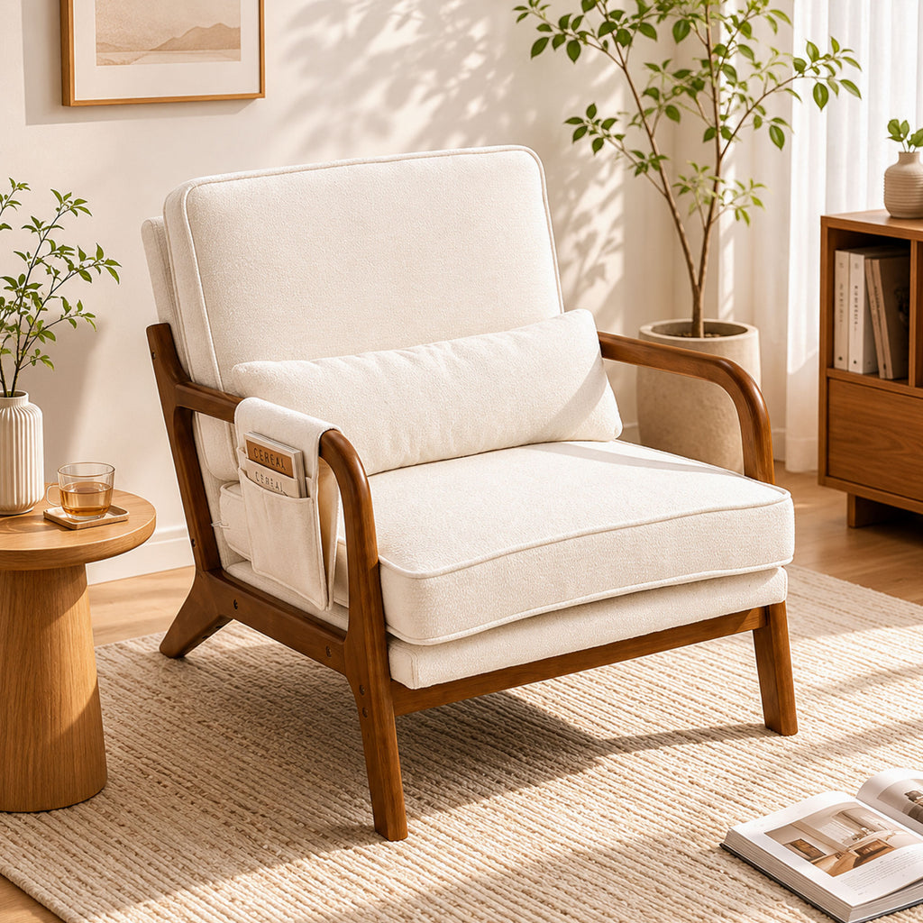Mid-Century Modern Accent Chair with Side Storage Pocket，Beige