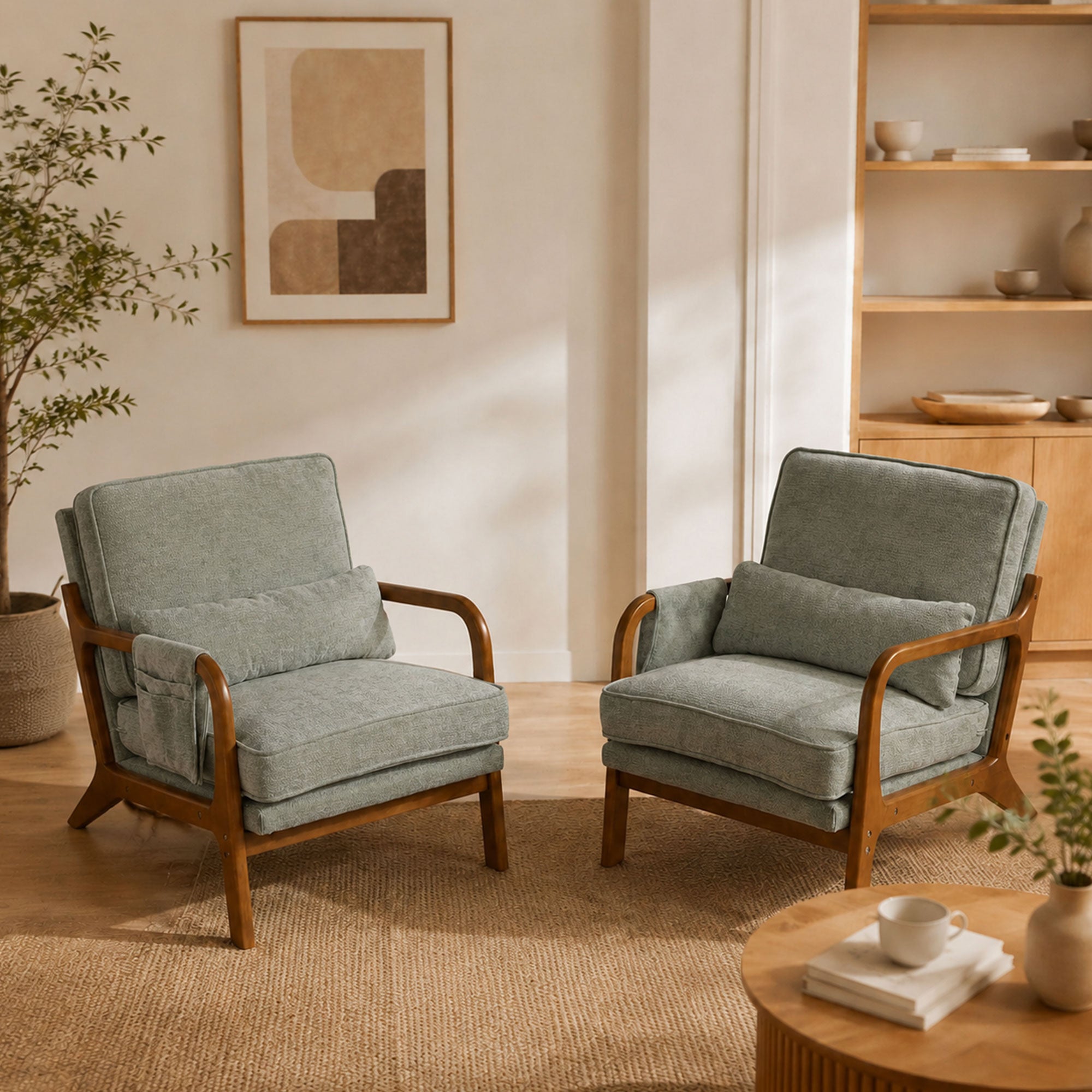 Set of 2 Mid-Century Accent Chairs with Solid Wood Frame - Sage Green