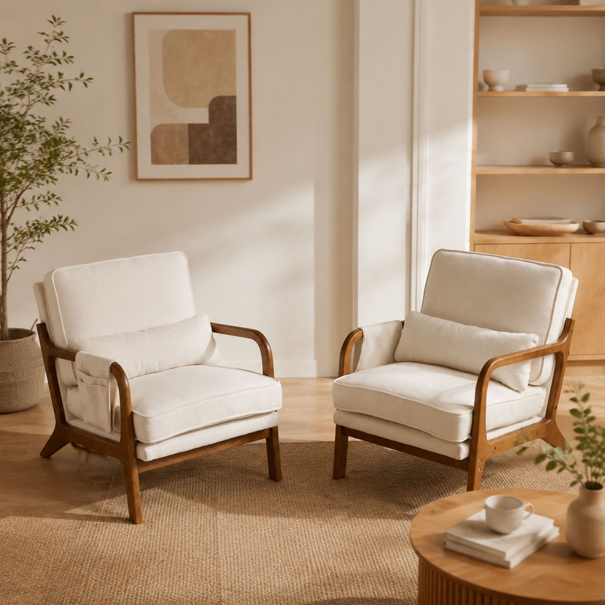 Set of 2 Mid-Century Accent Chairs with Solid Wood Frame - Off White