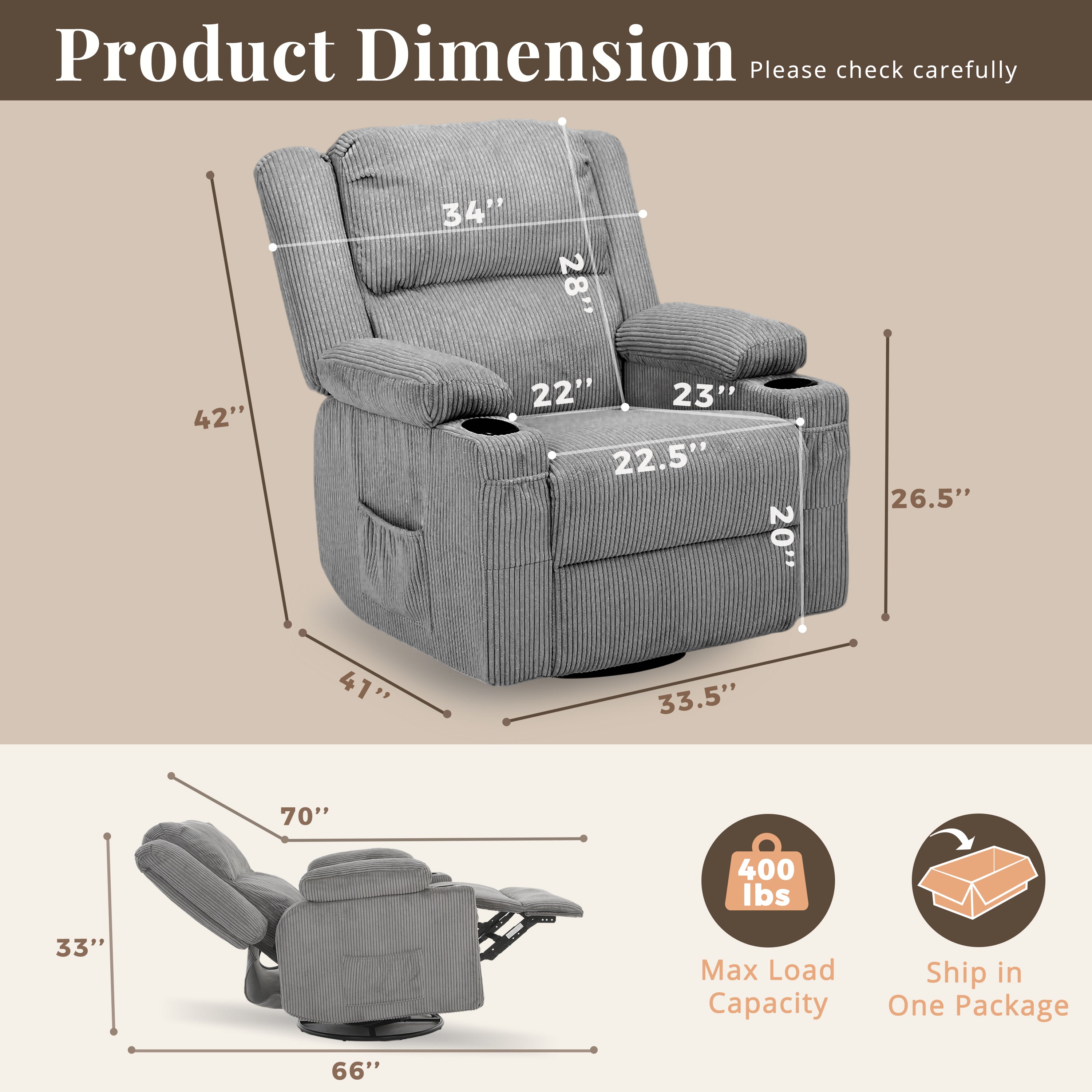 Swivel Rocker Recliner Chair ,Grey