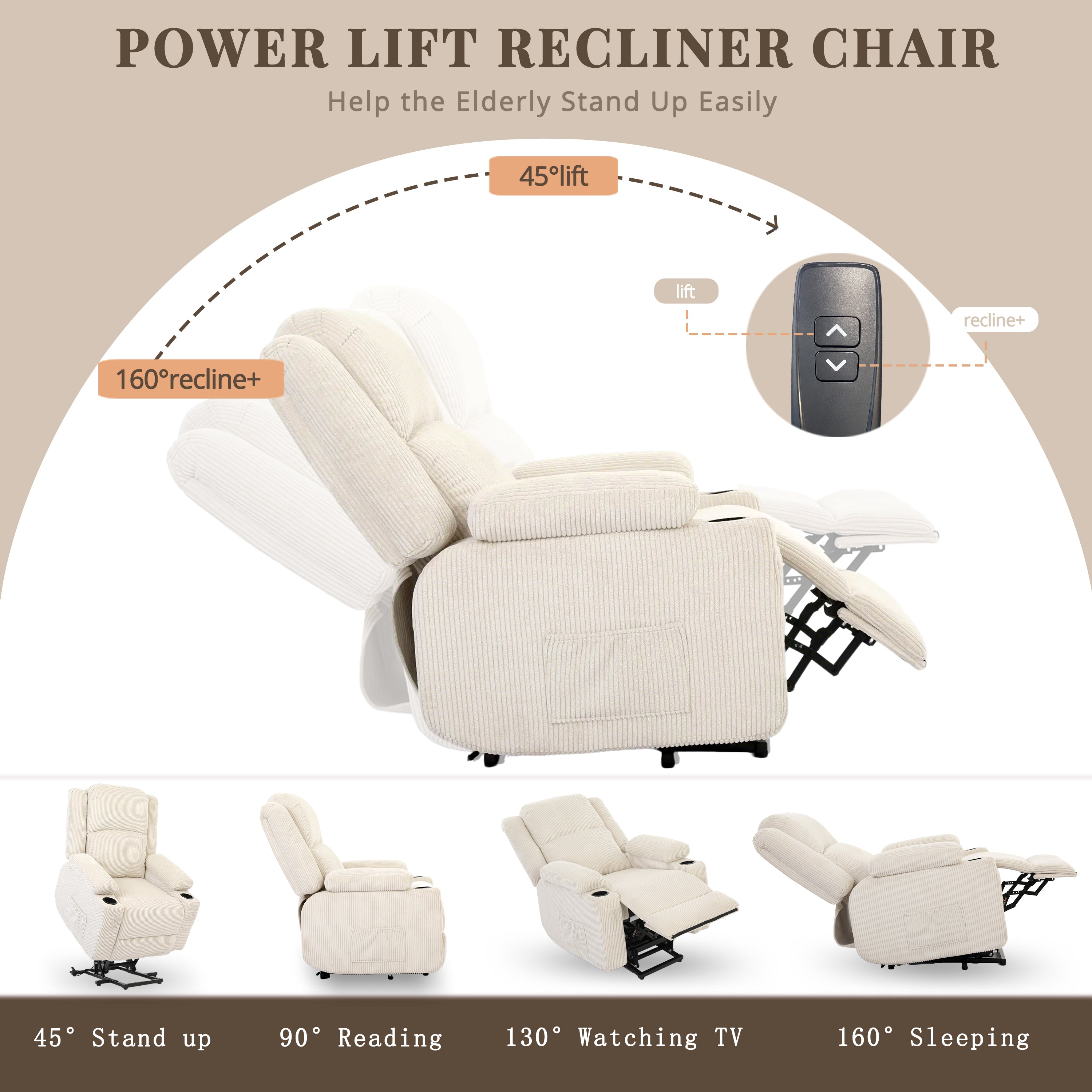 Power Lift Recliner Chair with Heat and Massage - Cream Beige