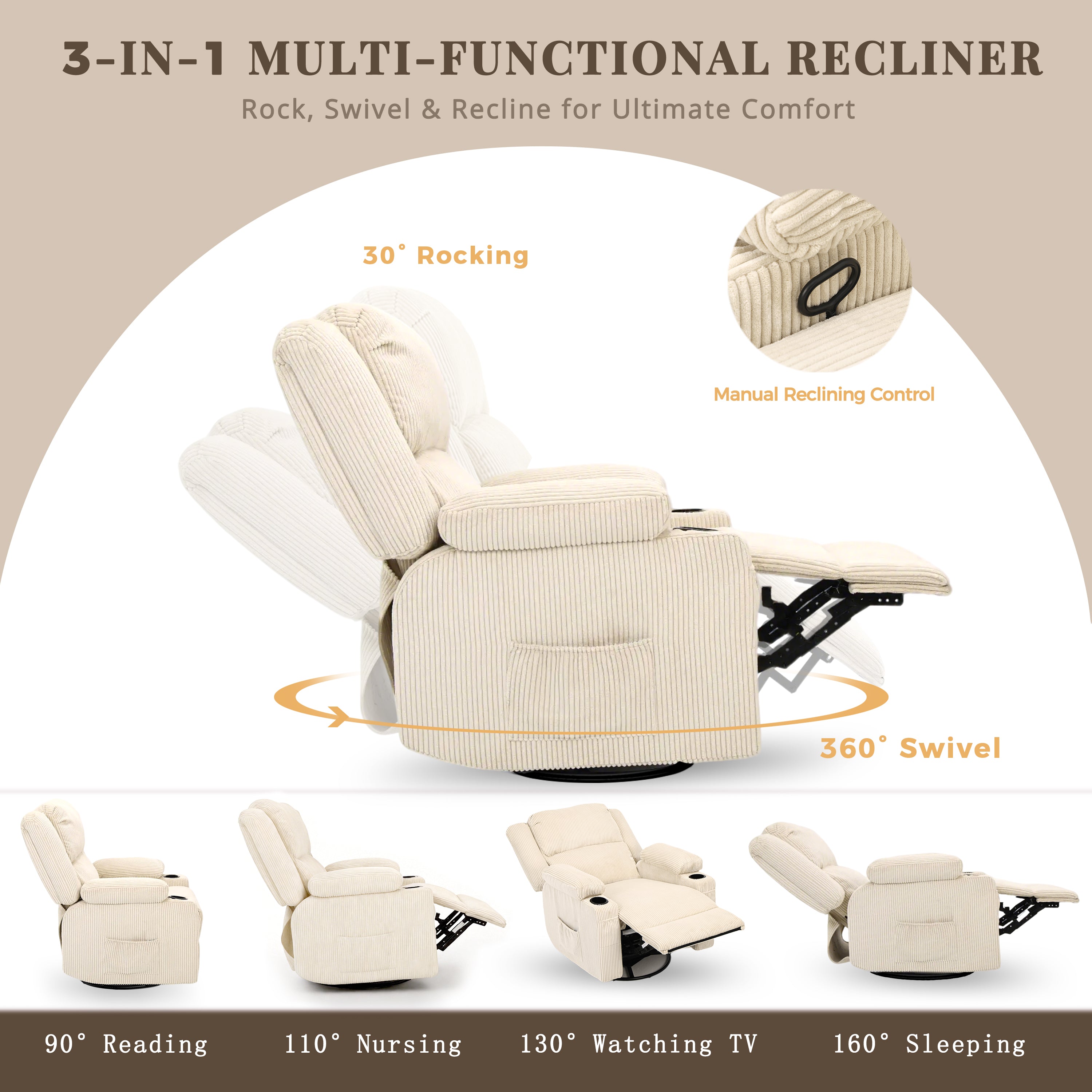 Swivel Rocker Recliner Chair,Cream Beige