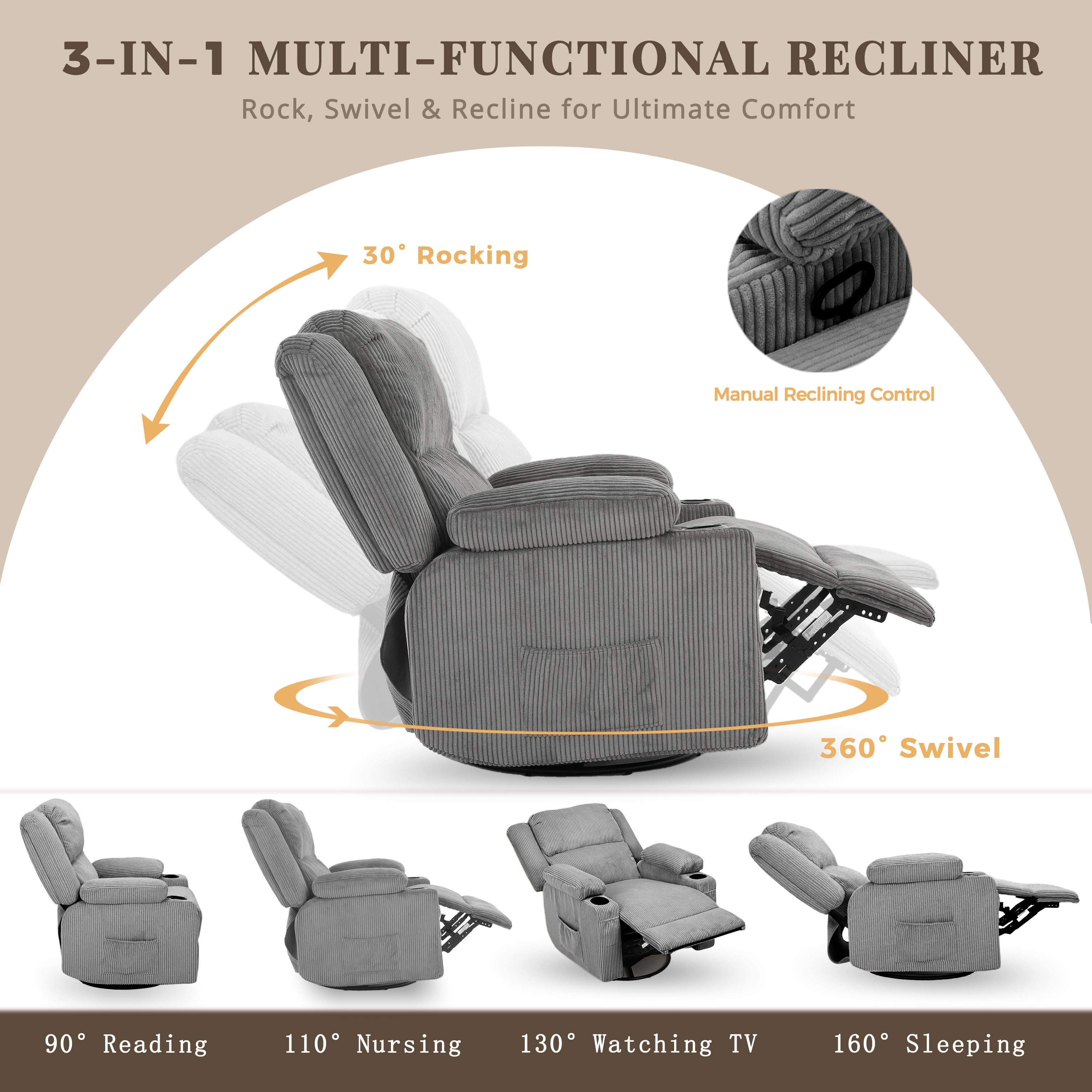 Swivel Rocker Recliner Chair ,Grey