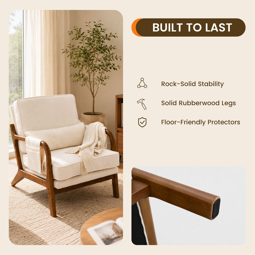 Mid-Century Modern Accent Chair with Side Storage Pocket，Beige