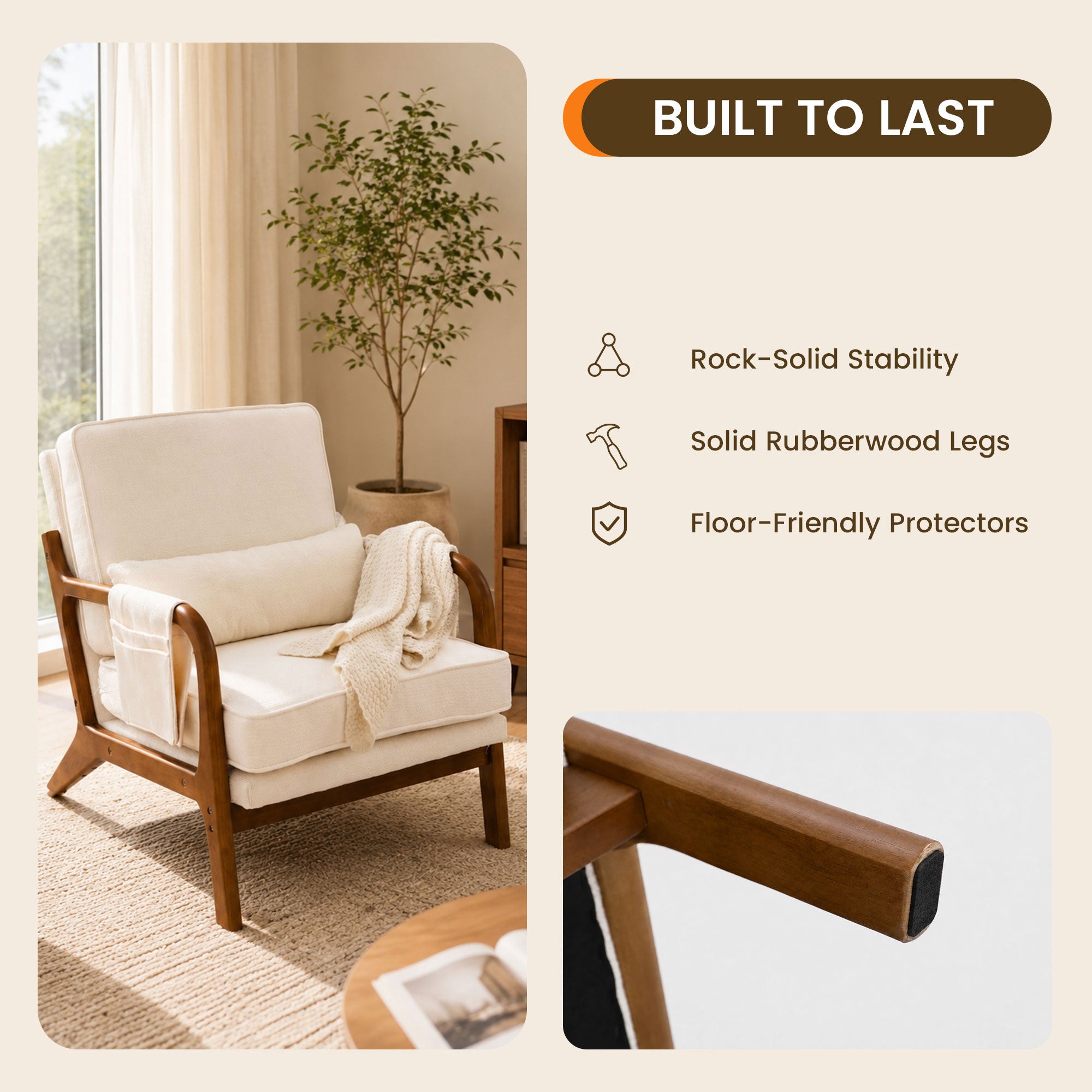 Mid-Century Modern Accent Chair with Side Storage Pocket，Beige