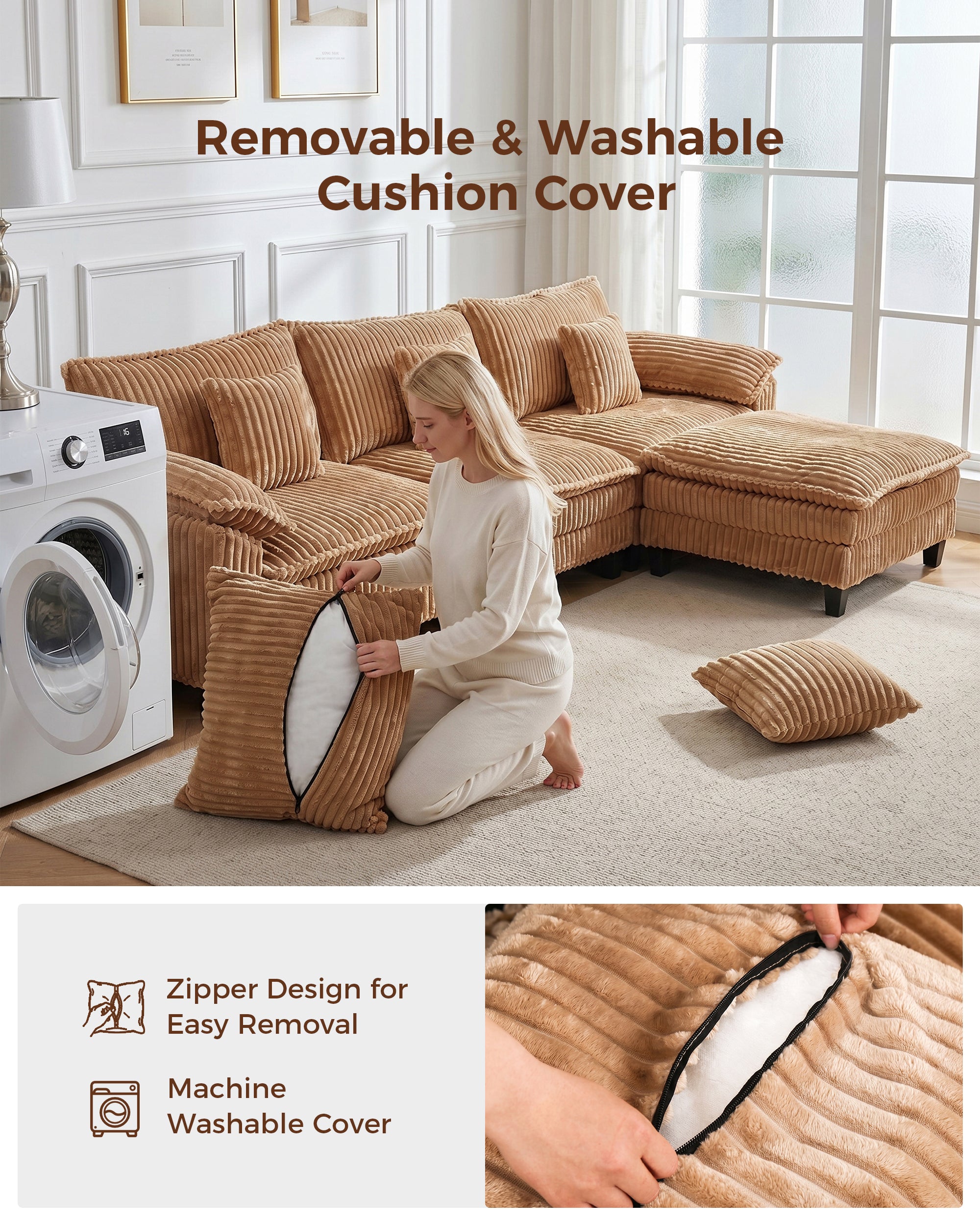 113" Modular Sectional Sofa,L-Shaped Cloud Couch for Living Room，Camel