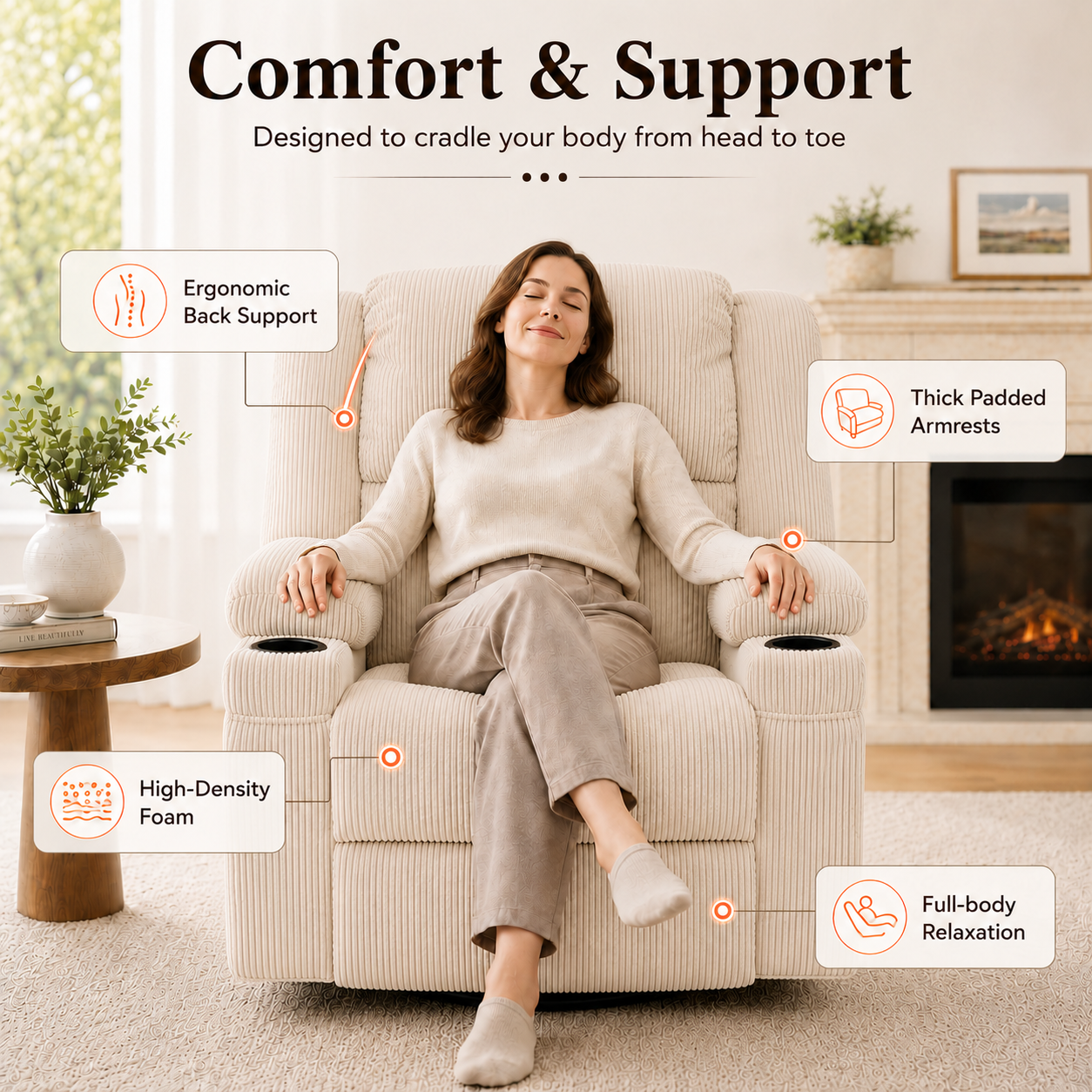 360° Swivel Rocker Recliner Chair with Heat & 8-Point Massage, Oversized Manual Nursery Glider Recliner with USB Port, Cup Holders, Storage Pockets, 400 lbs Capacity - Cream Beige