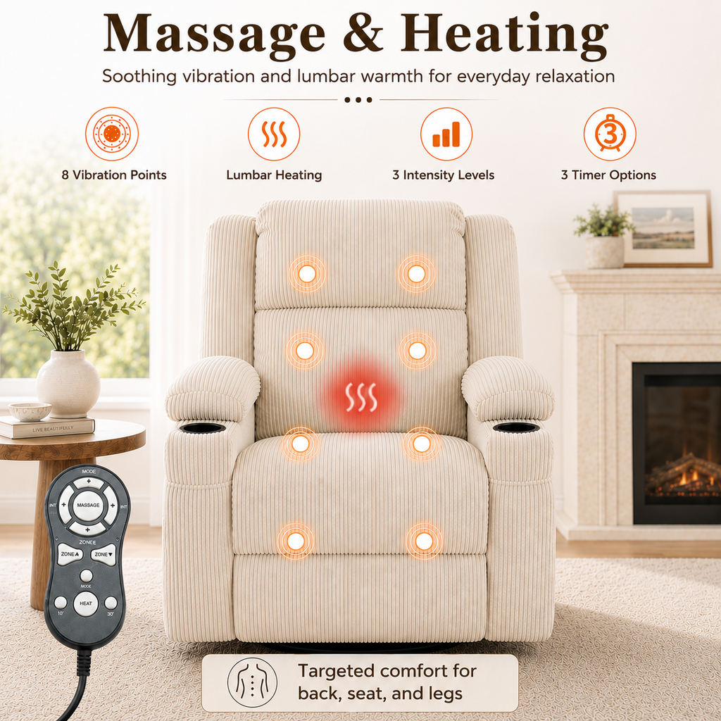 360° Swivel Rocker Recliner Chair with Heat & 8-Point Massage, Oversized Manual Nursery Glider Recliner with USB Port, Cup Holders, Storage Pockets, 400 lbs Capacity - Cream Beige