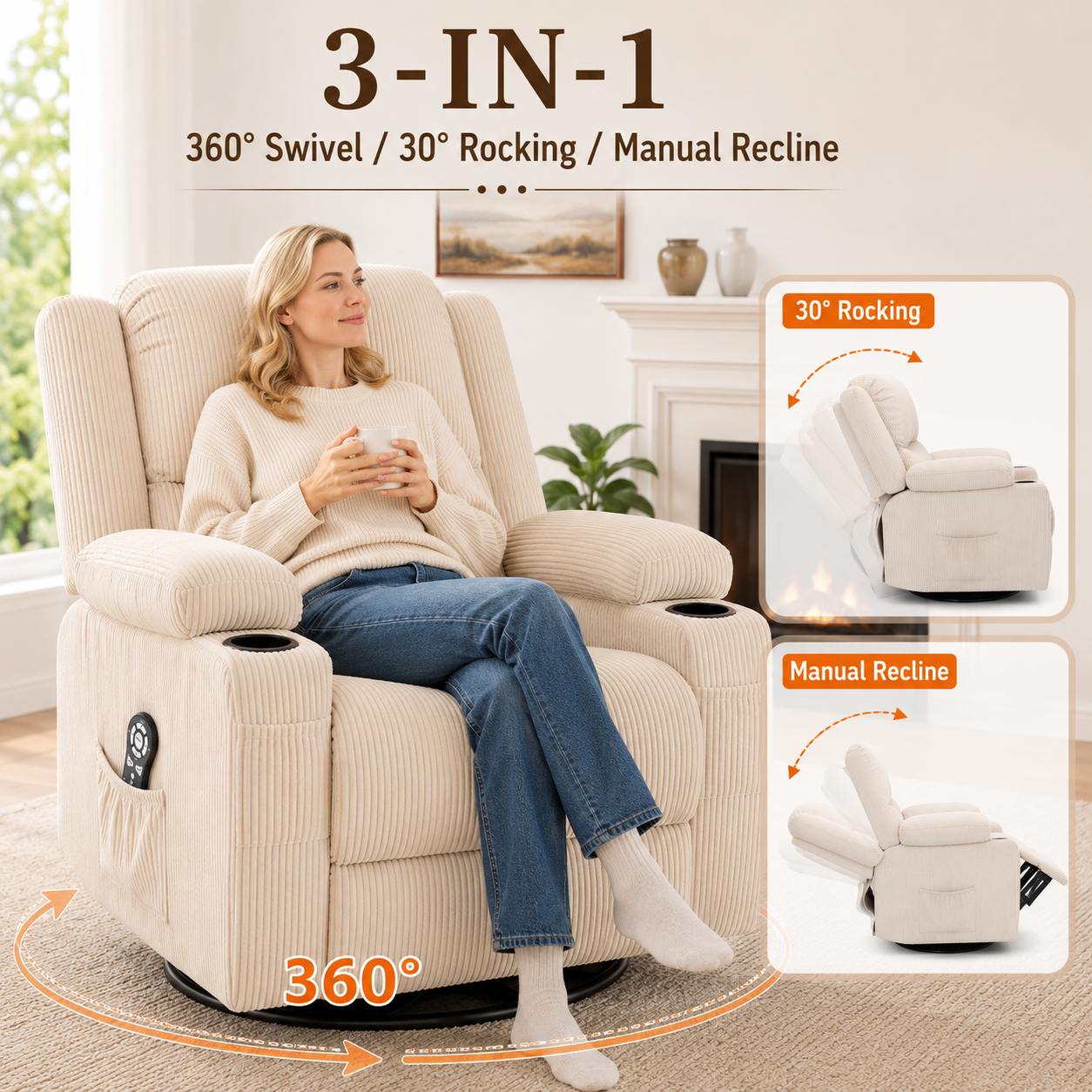 360° Swivel Rocker Recliner Chair with Heat & 8-Point Massage, Oversized Manual Nursery Glider Recliner with USB Port, Cup Holders, Storage Pockets, 400 lbs Capacity - Cream Beige