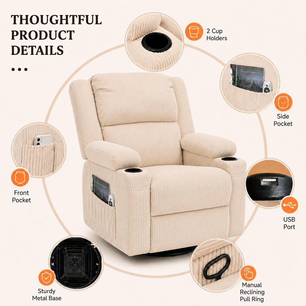 360° Swivel Rocker Recliner Chair with Heat & 8-Point Massage, Oversized Manual Nursery Glider Recliner with USB Port, Cup Holders, Storage Pockets, 400 lbs Capacity - Cream Beige
