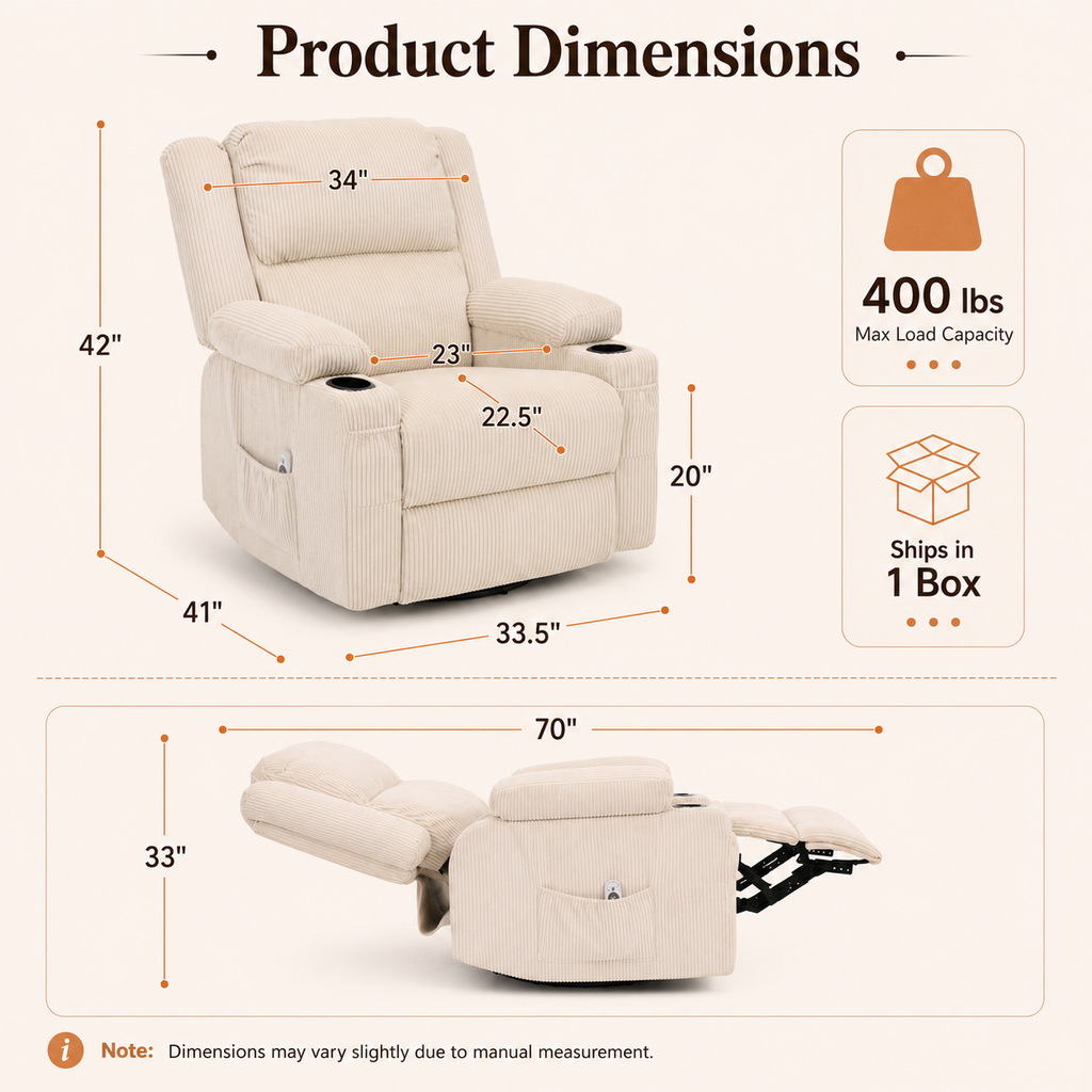360° Swivel Rocker Recliner Chair with Heat & 8-Point Massage, Oversized Manual Nursery Glider Recliner with USB Port, Cup Holders, Storage Pockets, 400 lbs Capacity - Cream Beige