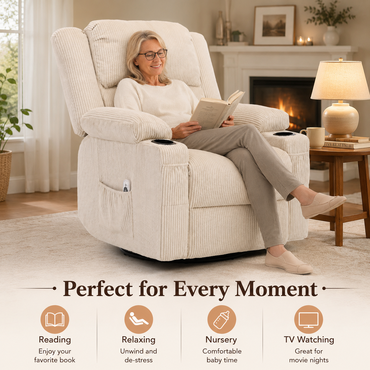 360° Swivel Rocker Recliner Chair with Heat & 8-Point Massage, Oversized Manual Nursery Glider Recliner with USB Port, Cup Holders, Storage Pockets, 400 lbs Capacity - Cream Beige