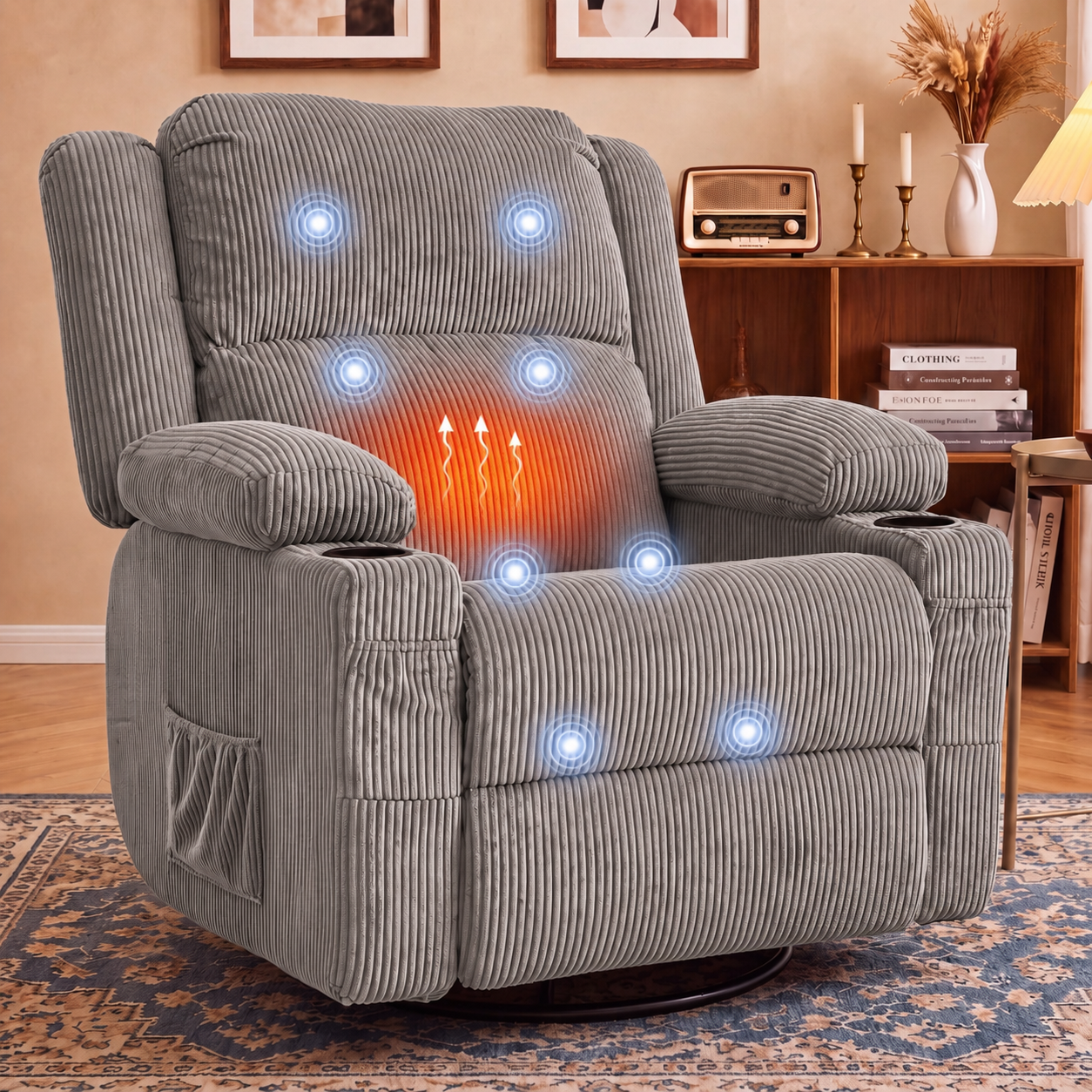 360° Swivel Rocker Recliner Chair with Heat & 8-Point Massage, Oversized Manual Nursery Glider Recliner with USB Port, Cup Holders, Storage Pockets, 400 lbs Capacity - Gray