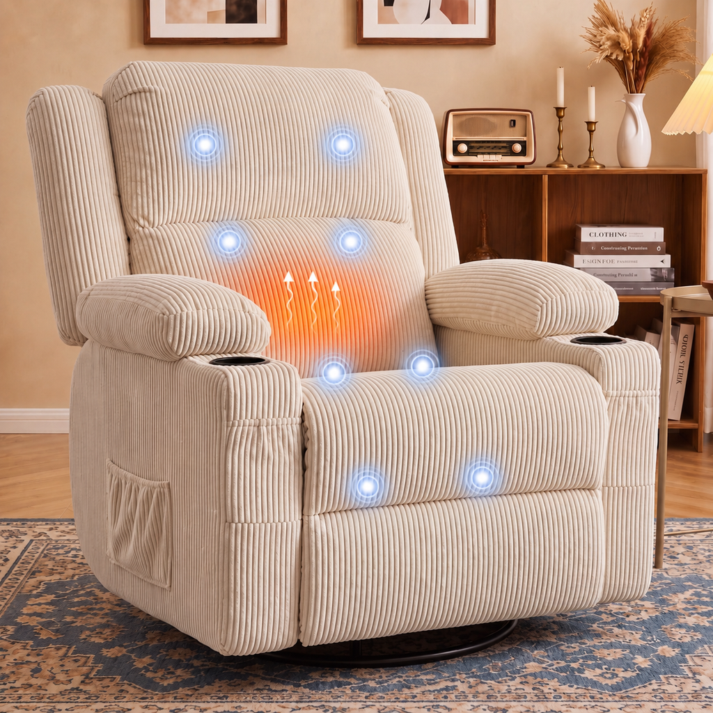 360° Swivel Rocker Recliner Chair with Heat & 8-Point Massage, Oversized Manual Nursery Glider Recliner with USB Port, Cup Holders, Storage Pockets, 400 lbs Capacity - Cream Beige