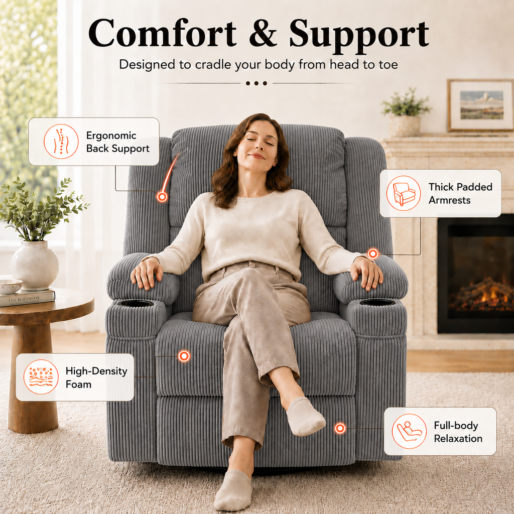 360° Swivel Rocker Recliner Chair with Heat & 8-Point Massage, Oversized Manual Nursery Glider Recliner with USB Port, Cup Holders, Storage Pockets, 400 lbs Capacity - Gray