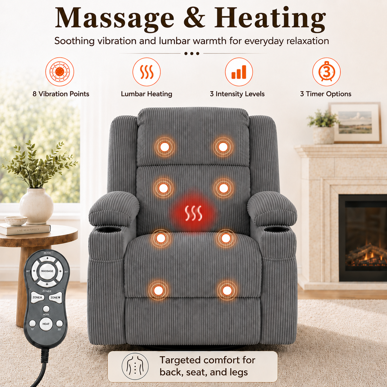 360° Swivel Rocker Recliner Chair with Heat & 8-Point Massage, Oversized Manual Nursery Glider Recliner with USB Port, Cup Holders, Storage Pockets, 400 lbs Capacity - Gray