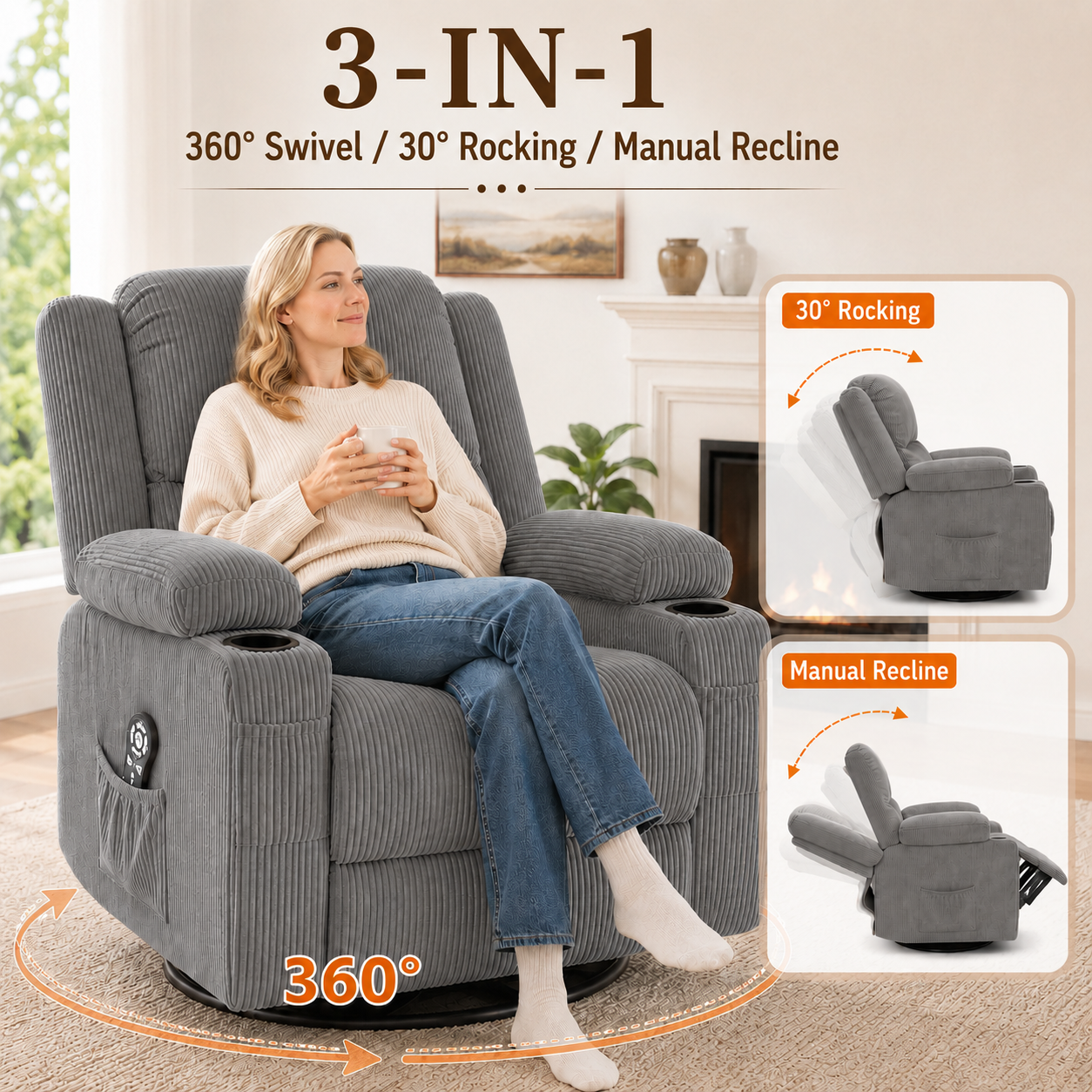 360° Swivel Rocker Recliner Chair with Heat & 8-Point Massage, Oversized Manual Nursery Glider Recliner with USB Port, Cup Holders, Storage Pockets, 400 lbs Capacity - Gray