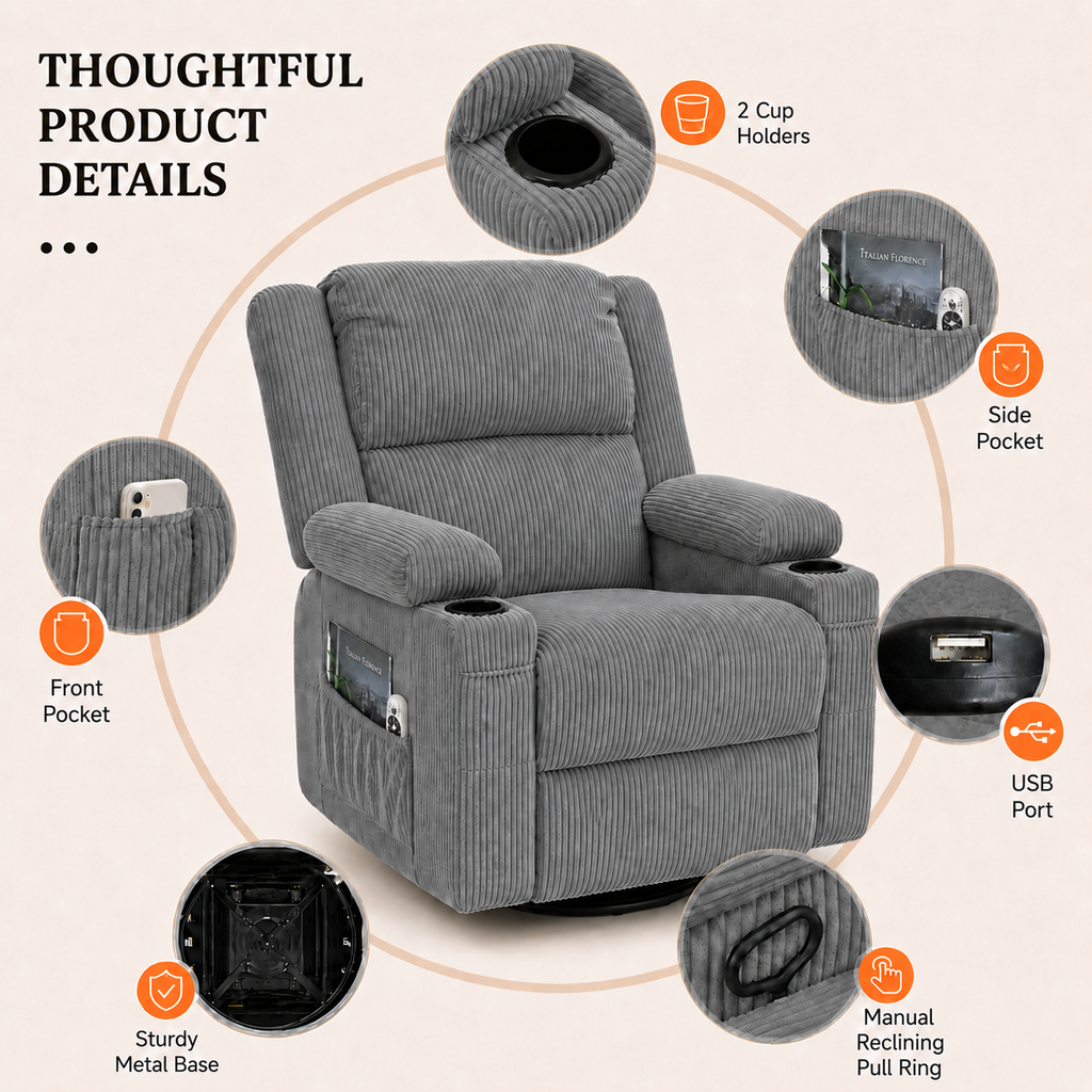 360° Swivel Rocker Recliner Chair with Heat & 8-Point Massage, Oversized Manual Nursery Glider Recliner with USB Port, Cup Holders, Storage Pockets, 400 lbs Capacity - Gray