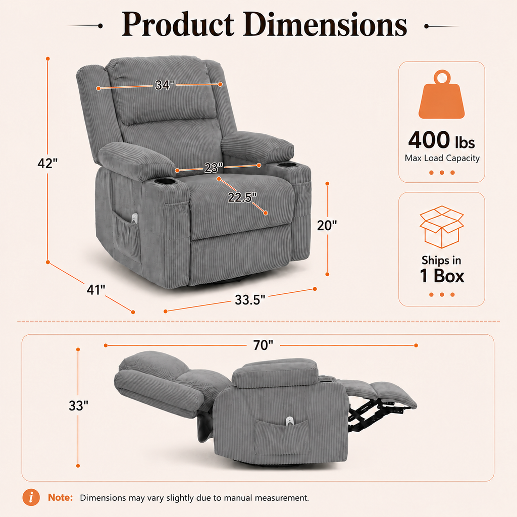 360° Swivel Rocker Recliner Chair with Heat & 8-Point Massage, Oversized Manual Nursery Glider Recliner with USB Port, Cup Holders, Storage Pockets, 400 lbs Capacity - Gray