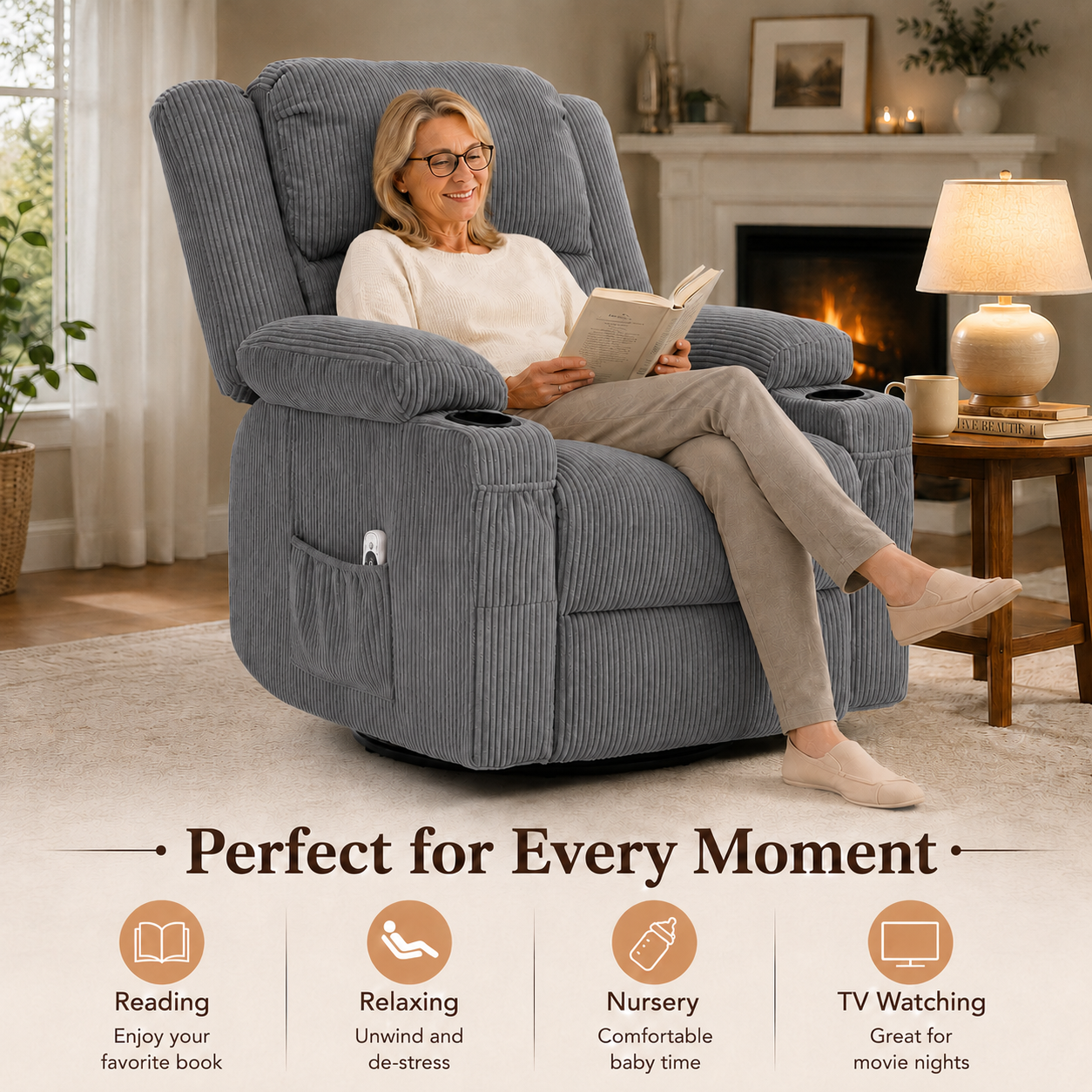 360° Swivel Rocker Recliner Chair with Heat & 8-Point Massage, Oversized Manual Nursery Glider Recliner with USB Port, Cup Holders, Storage Pockets, 400 lbs Capacity - Gray