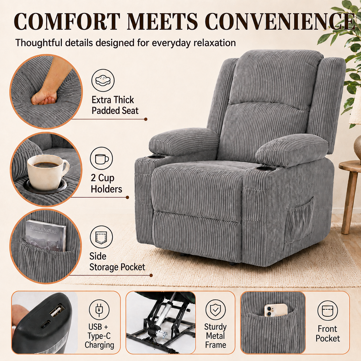 Power Lift Recliner Chair with Heat and Massage - Gray