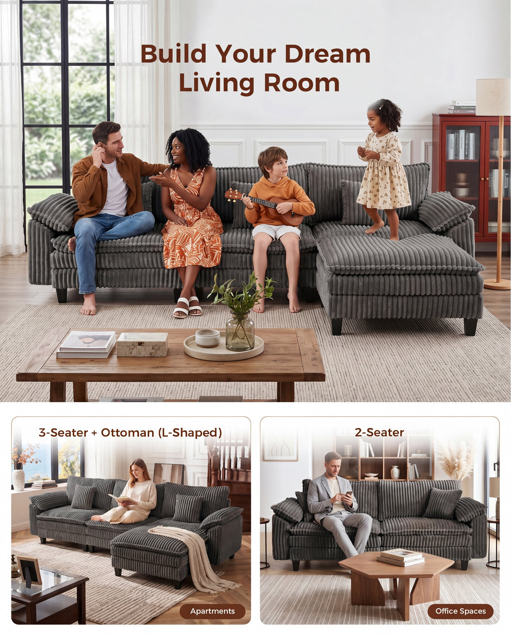 113" Modular Sectional Sofa,L-Shaped Cloud Couch for Living Room，Gray
