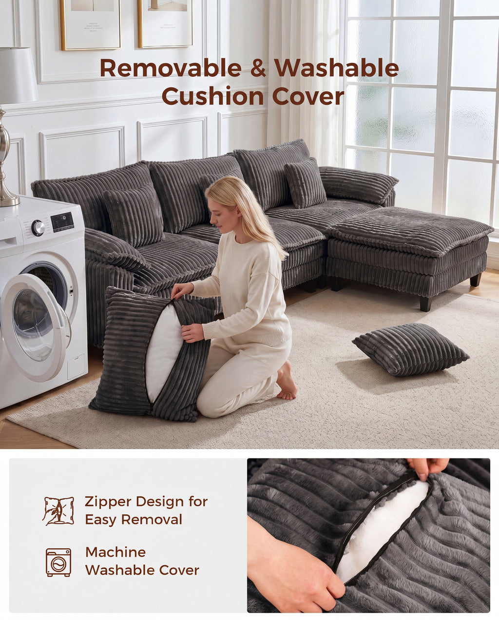113" Modular Sectional Sofa,L-Shaped Cloud Couch for Living Room，Gray