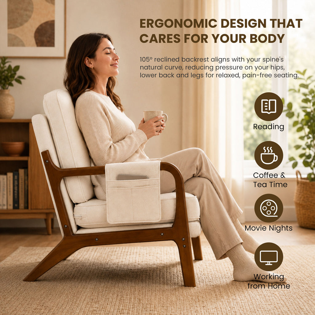 Mid-Century Modern Accent Chair with Side Storage Pocket，Beige
