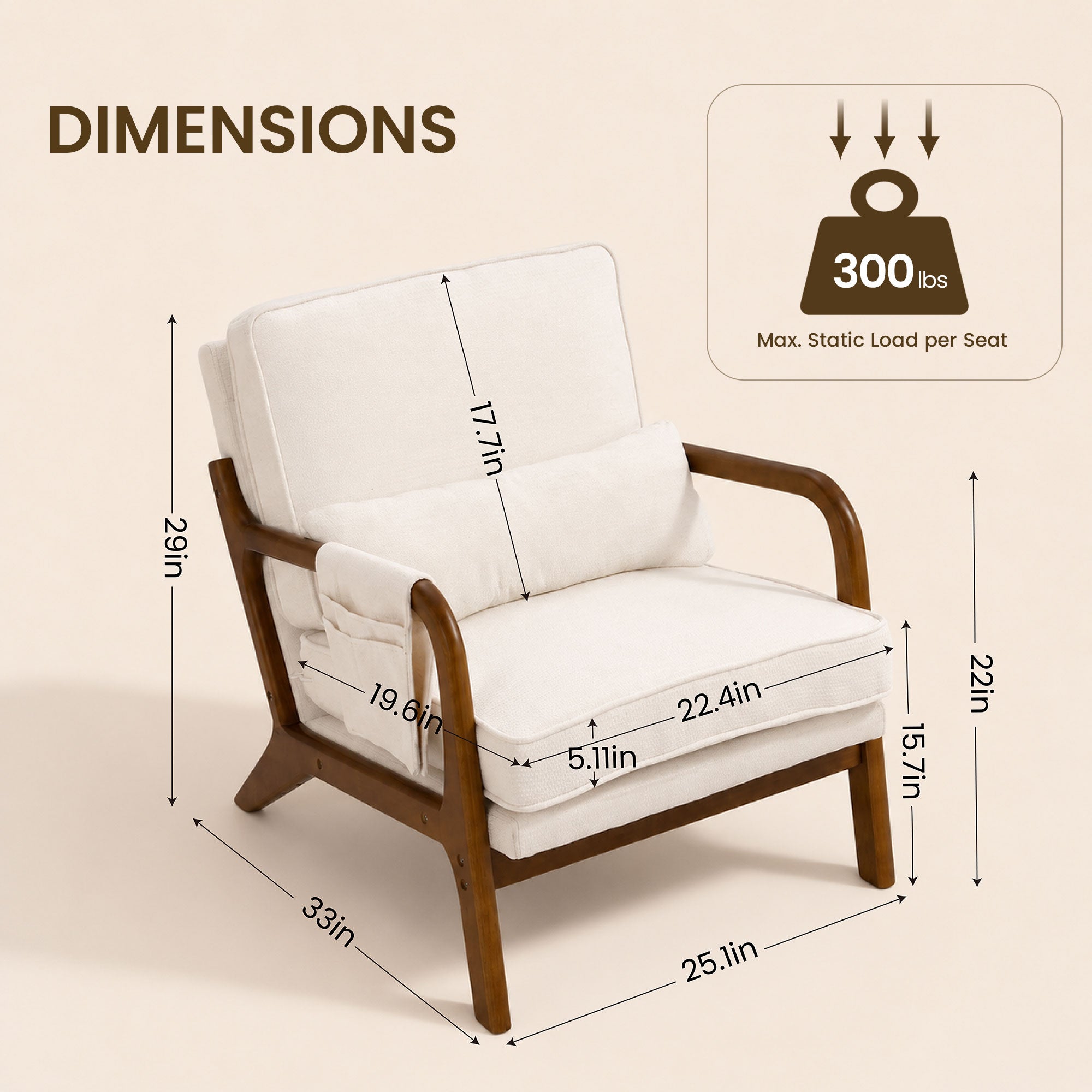 Mid-Century Modern Accent Chair with Side Storage Pocket，Beige