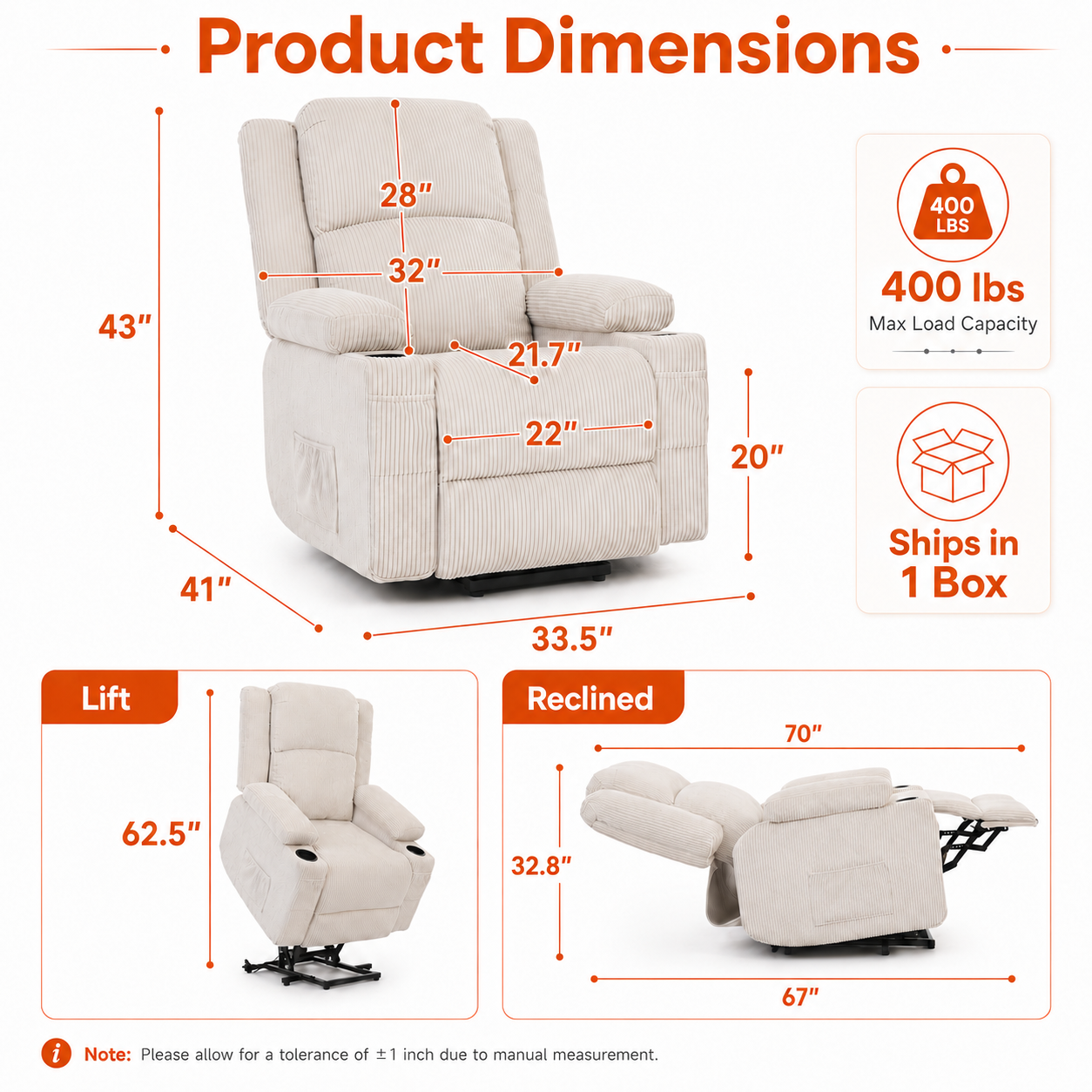 Power Lift Recliner Chair with Heat and Massage - Cream Beige